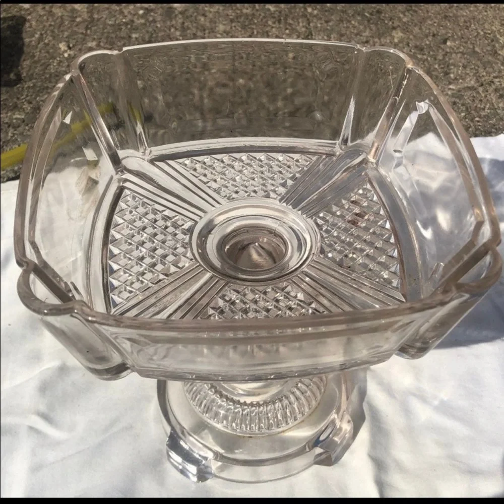 Antique Adams and Co Etched Square Glass Compote with Lid